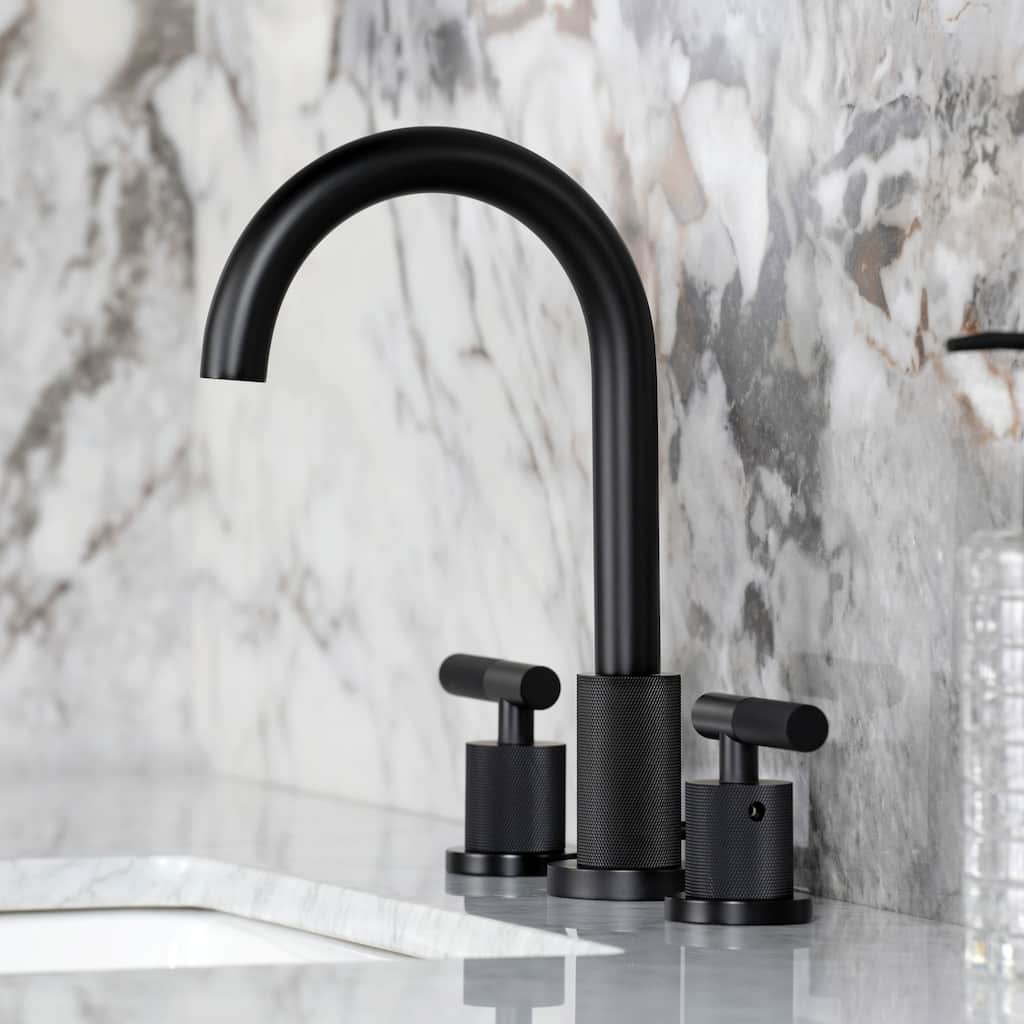 Kingston Brass Convergent Two-Handle 3-Hole Deck Mount Widespread Bathroom Faucet with Knurled Handle and Brass Pop-Up Drain