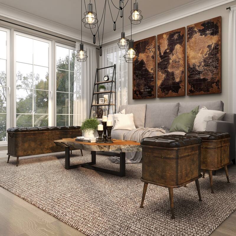 Bronze Metal Weathered Room Storage Bench with Dark Brown Tufted Faux Leather (Set of 3)