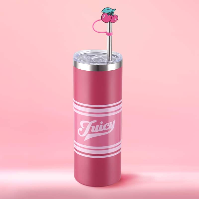 Juicy Couture Glam Slip Hydration Stainless Steel Tumbler with Straw Topper - 24oz - Hot Pink Varsity