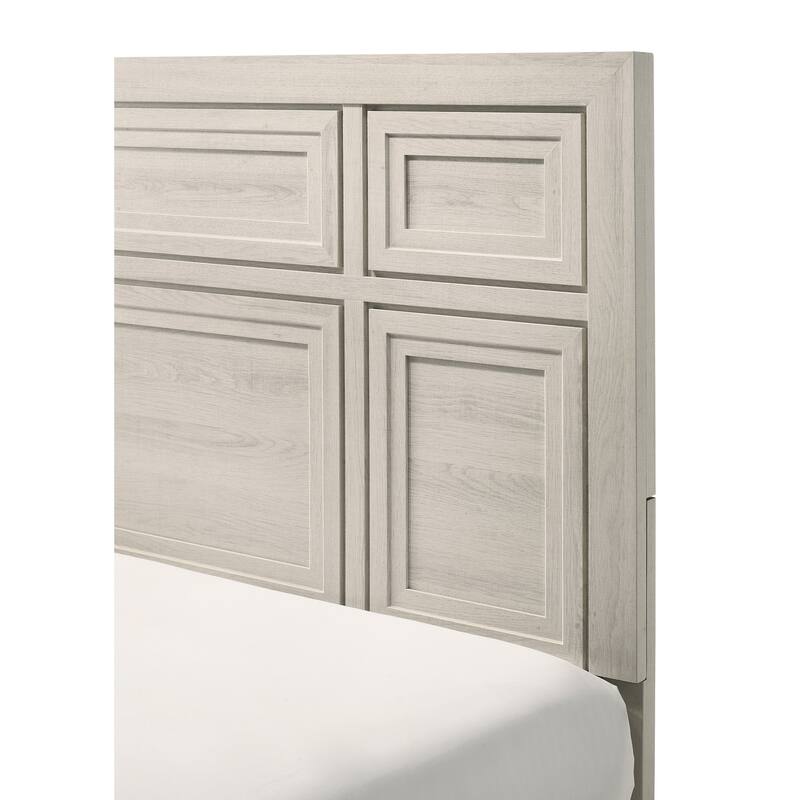 Antique White Queen Size Panel Bed with Recessed Design, Wooden Bedroom Furniture