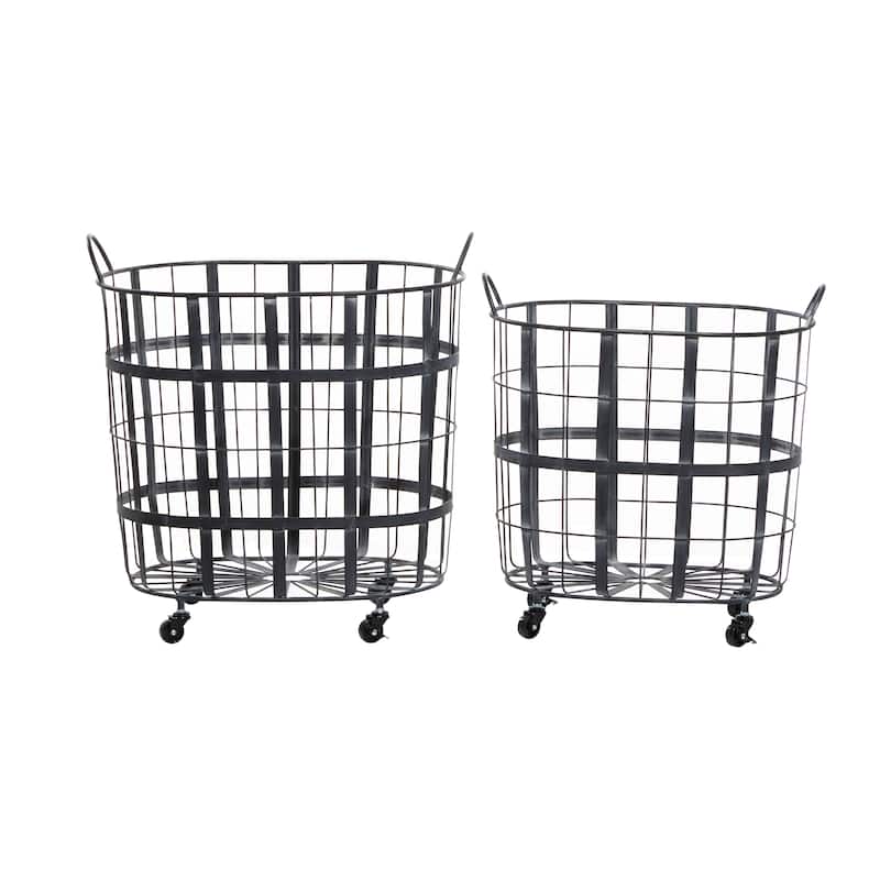 Metal Wire Grid Storage Basket with Wheels and Handles - Set of 2 Black - Roche River Decor - 16"W x 24"L x 25"H