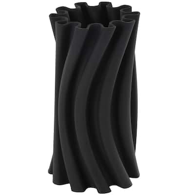 Ceramic Abstract Curvy Ribbed Decorative Vase with Floral Shaped Rim - Black - Roche River Decor