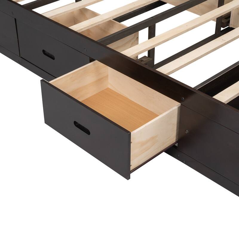 Queen Size Wood Platform Bed with Storage Headboard, Storage Shelves and 2 Drawers