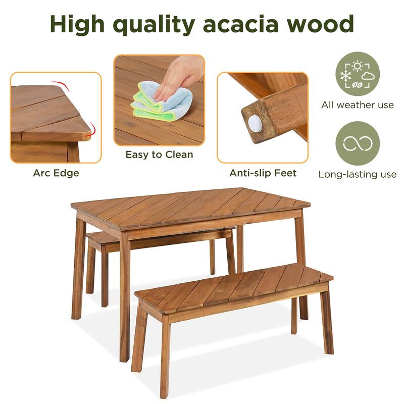 Anmytek Acacia Wood Table and Bench Set 3 Piece Outdoor Patio Indoor Dining Garden All Weather Durable
