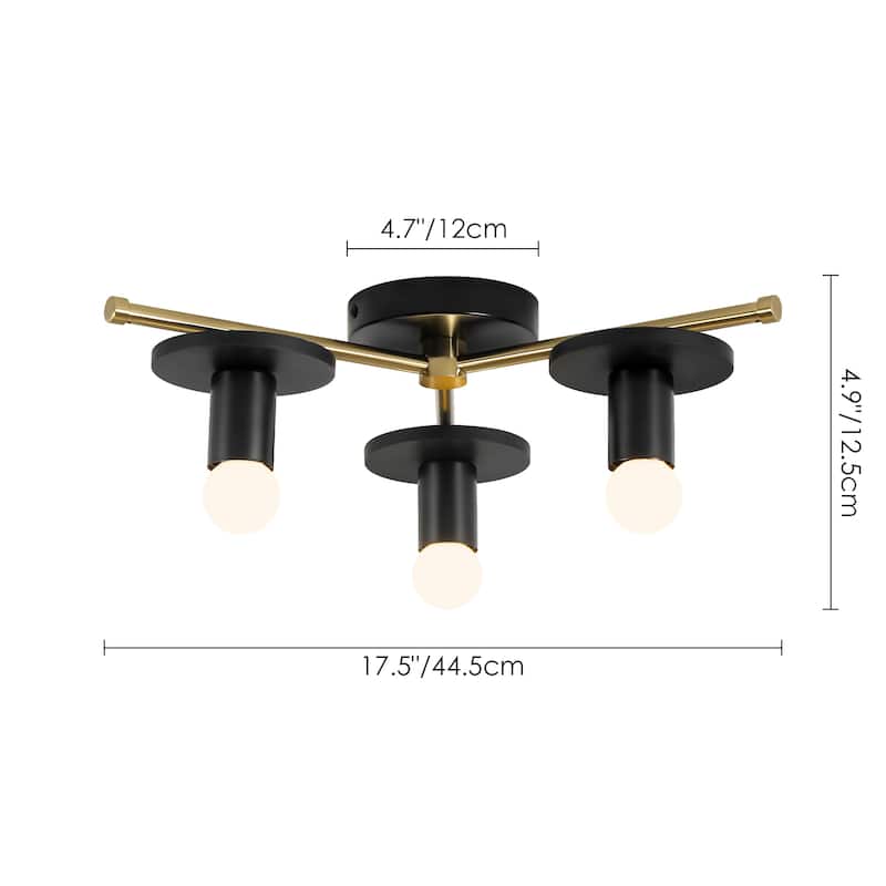 17.5" W 3-Light Modern Green/Black Sputnik Metal Wooden Semi-flush Mount Ceiling Light for Living Room, Bedroom