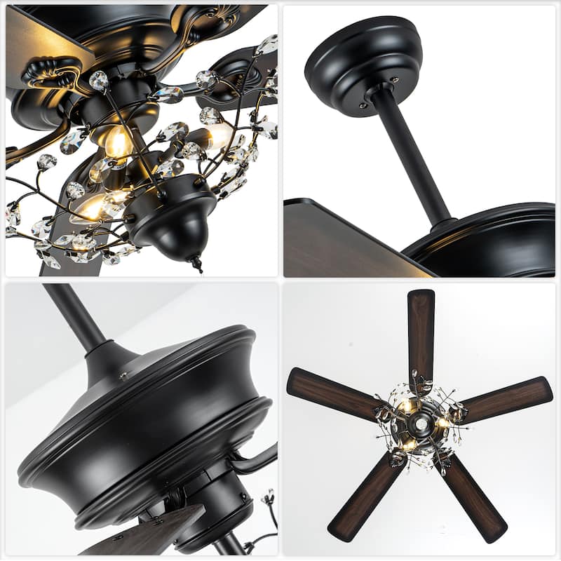 Bella Depot 52-inch Modern Crystal Ceiling Fan with Light Kit and Remote, 6-Speed Reversible Fandelier - 52"