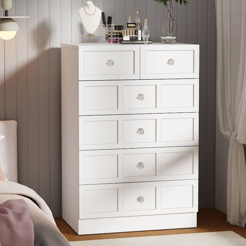 6 Drawer Wood Dresser with Fluted Panel Storage Organizer for Bedroom - White