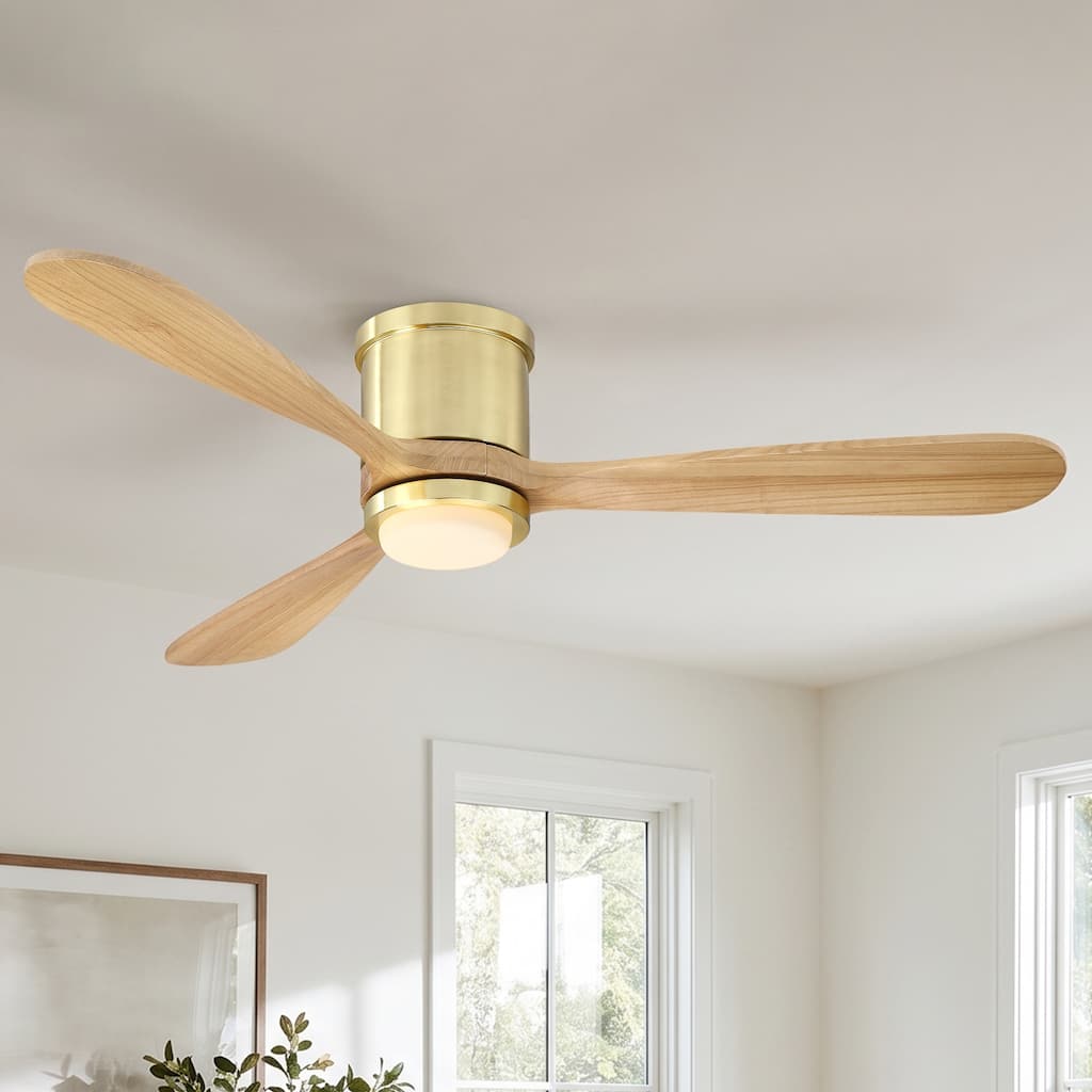 52" Modern Gold Natural Solid Wood Flush Mount LED Ceiling Fan with Light and Remote