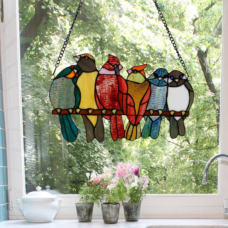River of Goods 9.5"H Birds in Love Stained Glass Window Panel - 15"L x 0.25"W x 9.5"H - Yellow/Blue/Red