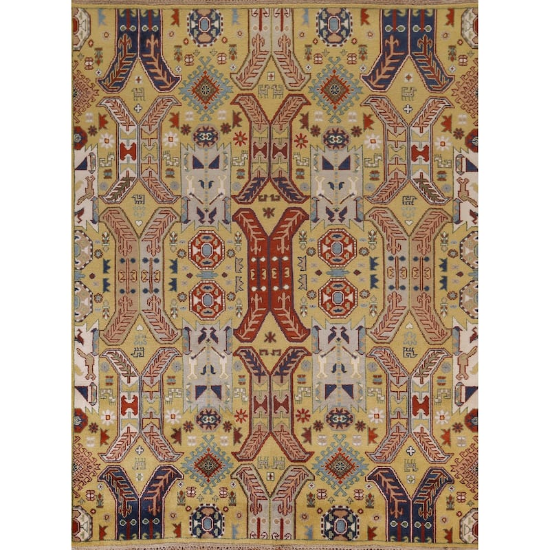 All-Over Geometric Kazak Oriental Area Rug Hand-Knotted Wool Carpet - 7'11"x 9'9"