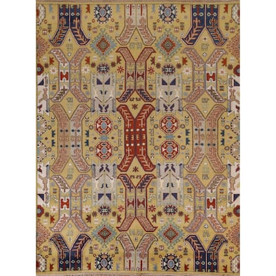 All-Over Geometric Kazak Oriental Area Rug Hand-Knotted Wool Carpet - 7'11"x 9'9"