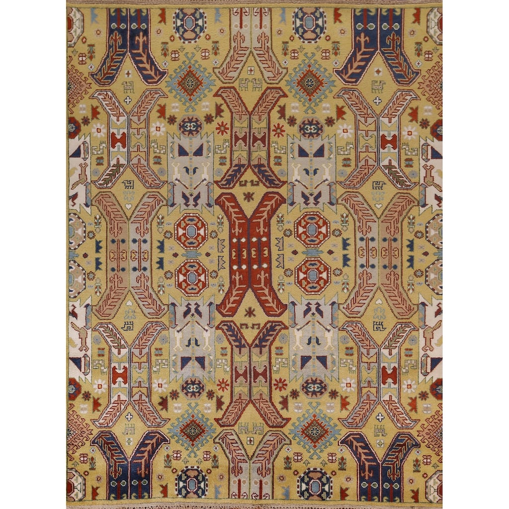 All-Over Geometric Kazak Oriental Area Rug Hand-Knotted Wool Carpet - 7'11"x 9'9"