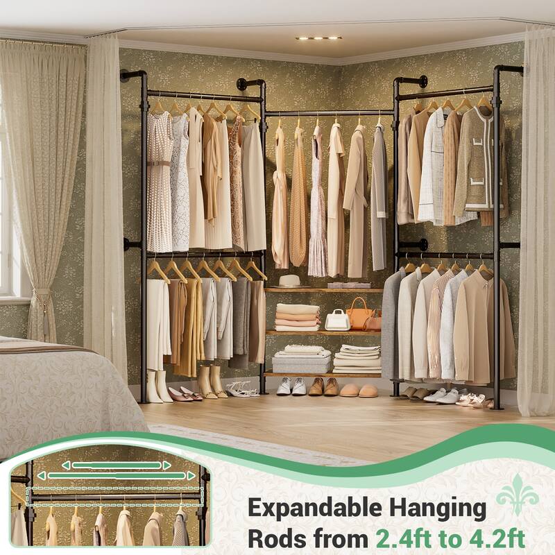Industrial Pipe Garment Rack with Expandable Hanging Rods and Shelves,Reversible Walk-in Closet Organizer System Clothing Rack