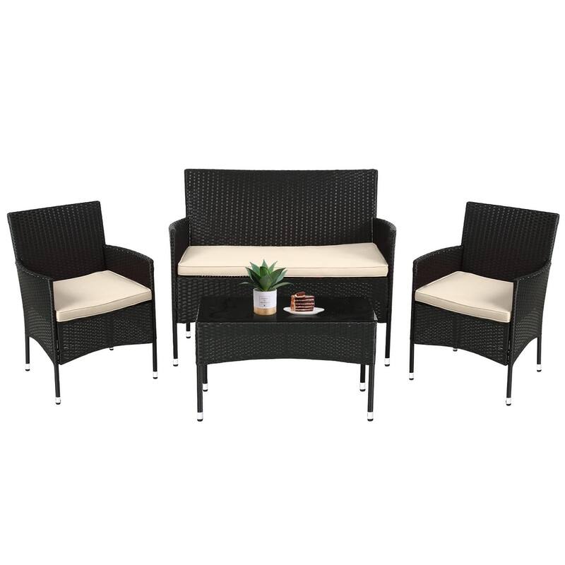 Patio Furniture Set 4 Pieces Outdoor Rattan Chair Wicker Sofa Garden Conversation Bistro Sets for Yard,Pool or Backyard - Black