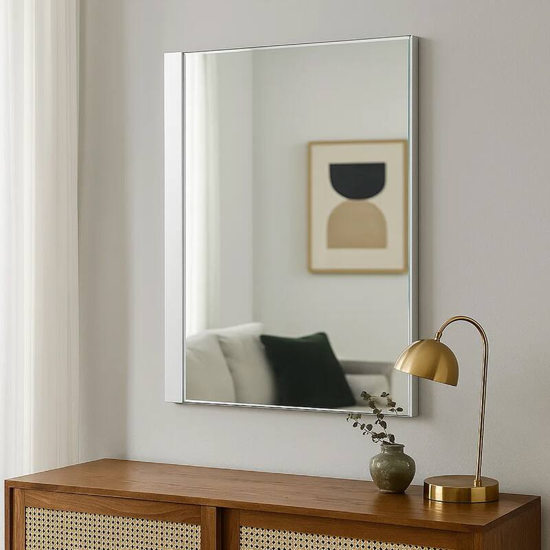 Suni Dresser Mirror, 40 Inch, Sleek White Wood, Frameless Design