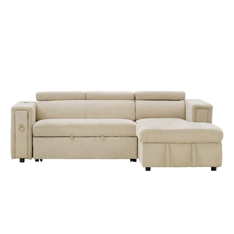 96" L-Shaped 3-Seat Sectional Sofa with Pull-Out Bed, Wireless Charging, and Hidden Storage with Cup Holders