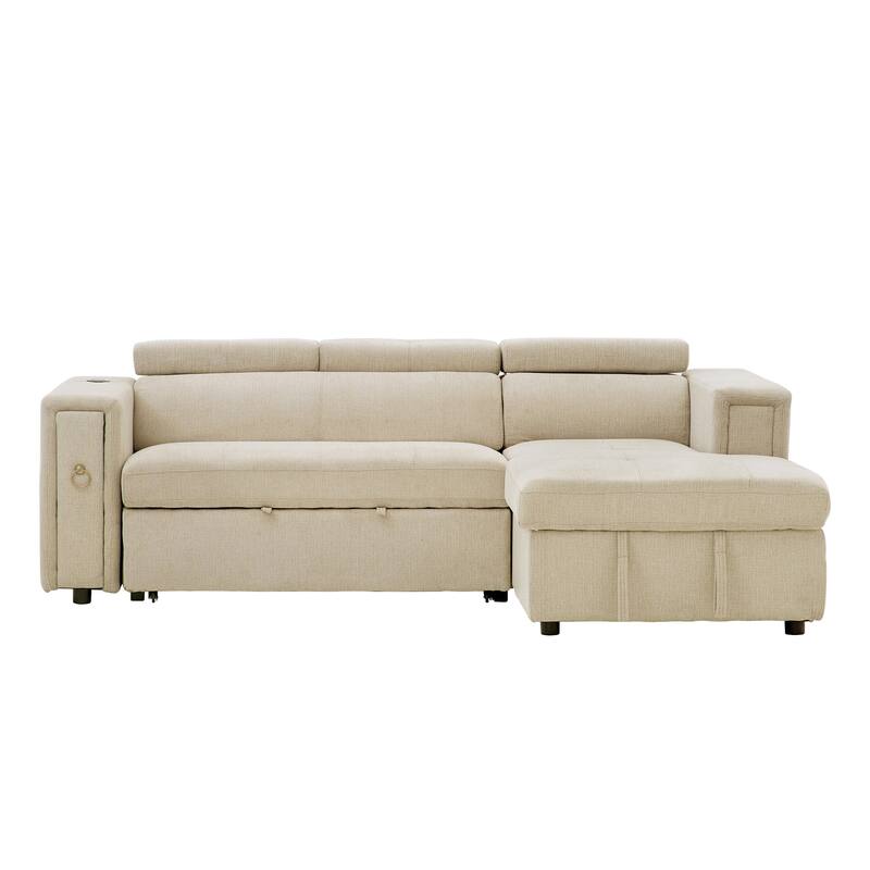 L-Shaped Pull Out Sofa Bed Modern Convertible Sleeper Sofa with 2 USB ports, 2 Power Sockets and 3 Pillows
