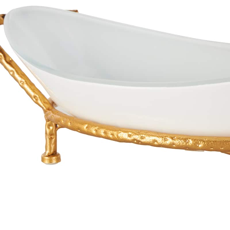 Tempered Glass Kitchen Serving Bowl with Gold Metal Stand - White - Roche River Decor - 10"W x 21"L x 6"H