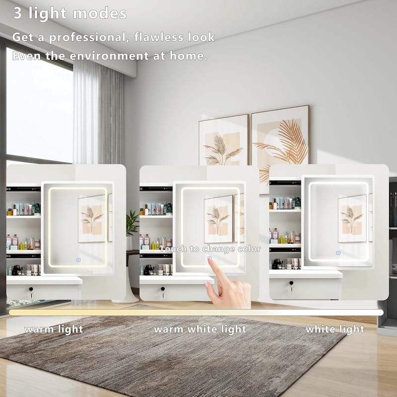 Vanity Desk With Sliding Mirror And Lights, Makeup Vanity , Power Outlet, 3 Color Adjustable Lighting Modes