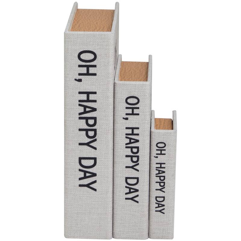 Light Gray Linen Fabric Storage Book Decorative Box with Typography and Gold Page Inspired Detail (Set of 3)