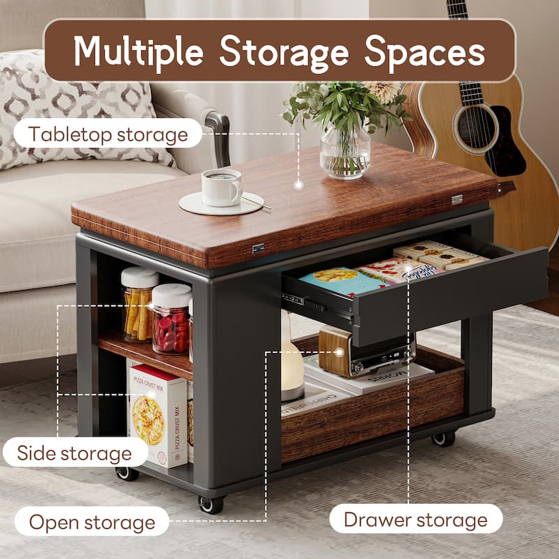27.6" Modern Coffee Table with Foldable Top & Casters, Multi-Tier Storage Side Table for Living Room