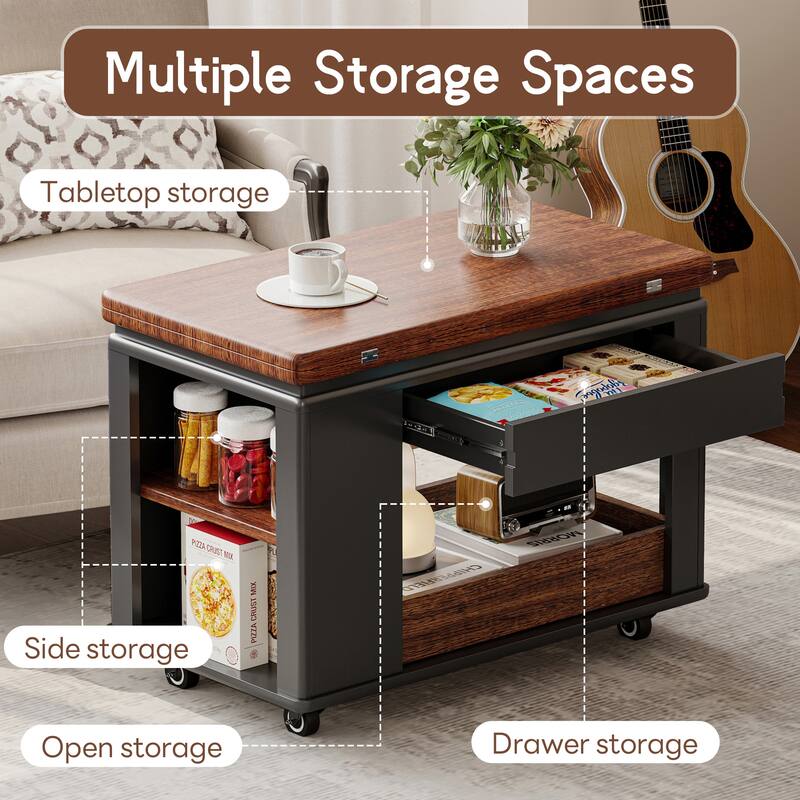 27.6" Modern Multi-Function Coffee Table/Side Table with Foldable Top & Casters, Multi-tier storage