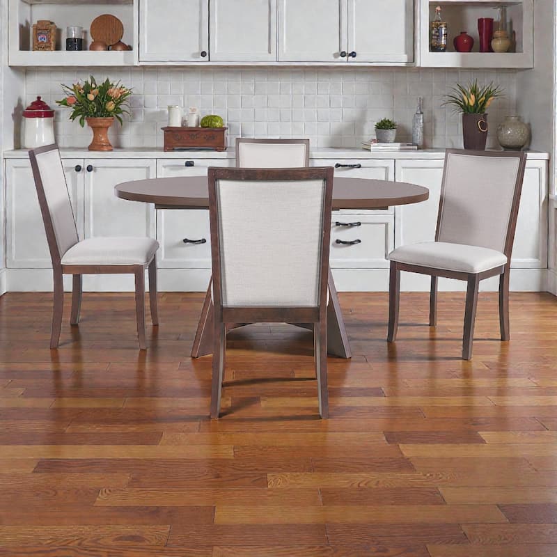 5-Piece Farmhouse Extendable Round Dining Table Set with 18" Removable Leaf and 4 Upholstered Chairs for Small Spaces