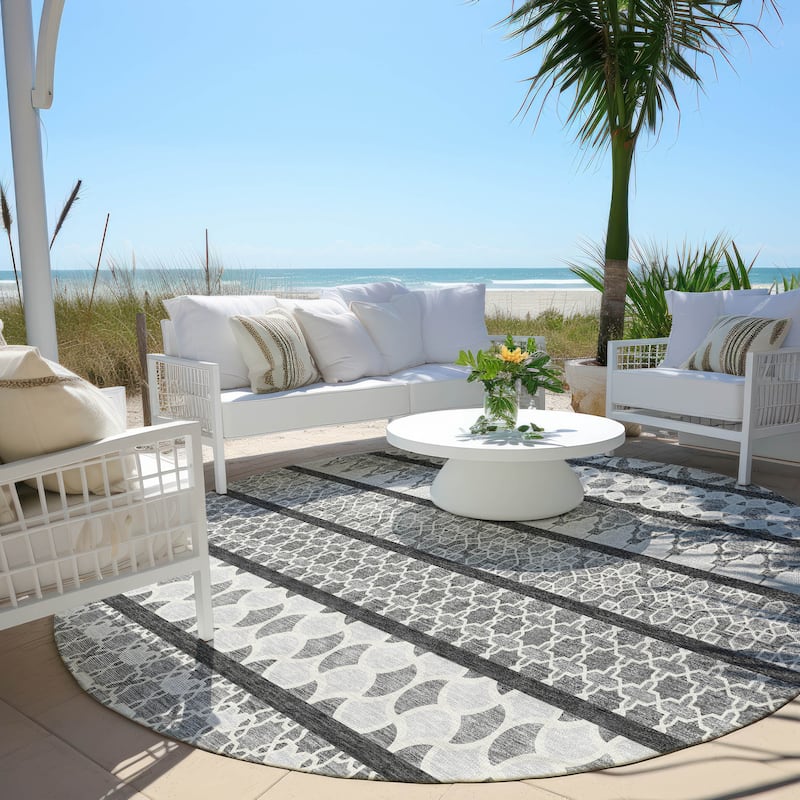 Machine Washable Indoor/ Outdoor Chantille Boho Stripe Rug - Gray - 8' x 8'