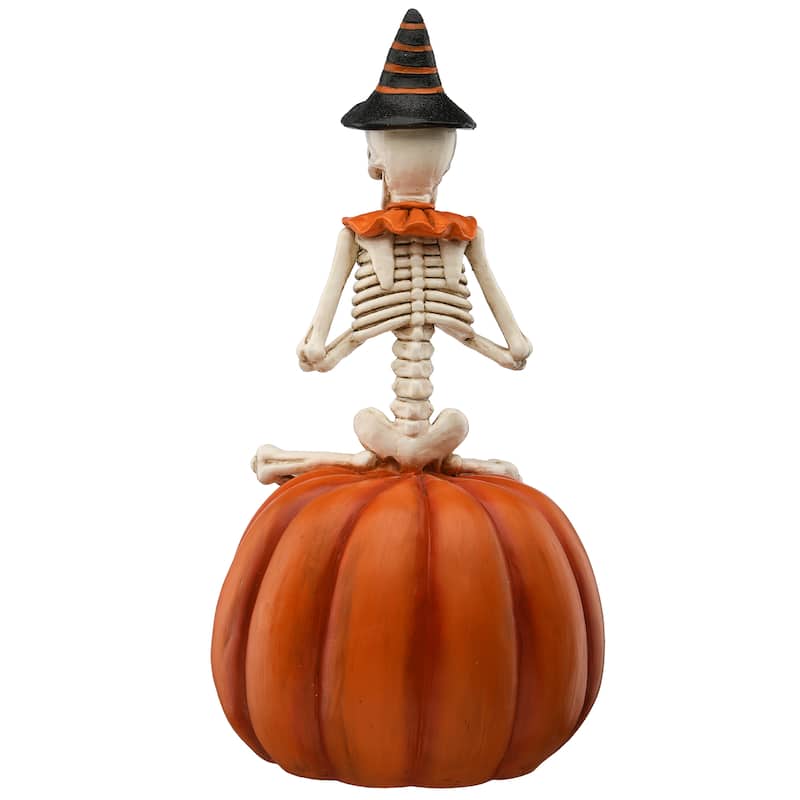 National Tree Company Halloween Trick or Treat Skeleton on Jack O' Lantern, White and Orange, LED Lights, 12 inches - 12 in
