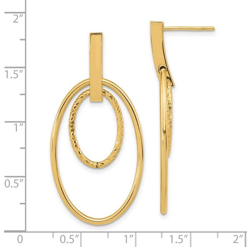 Curata 14k Yellow Gold Polished and Textured Ovals Long Drop Dangle Post Earrings 44x22mm