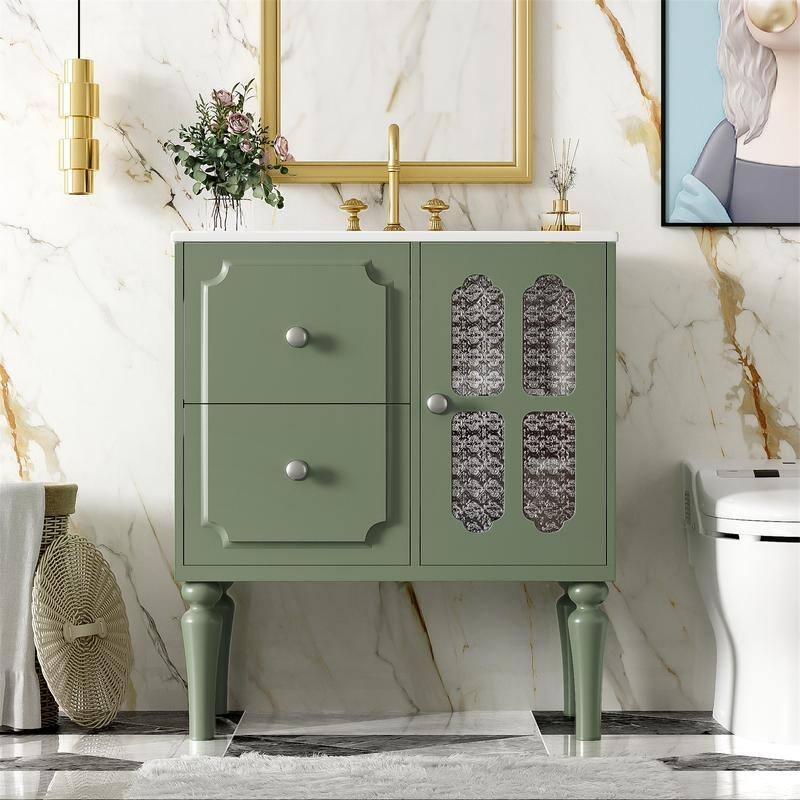 30'' Bathroom Vanity with Resin Sink Combo, Freestanding Bathroom Vanity Cabinet w/ 2 Drawers, 1 Soft Close Door & Storage Shelf
