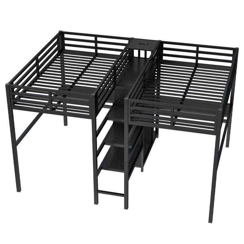 Twin-over-Twin Metal Loft Bed with Double Desks, Wardrobe and Electrical Outlets