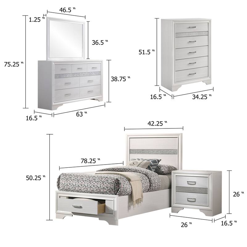 Vino White 5 Piece Twin Bed Set with Storage, Dressers, Glitter Accent