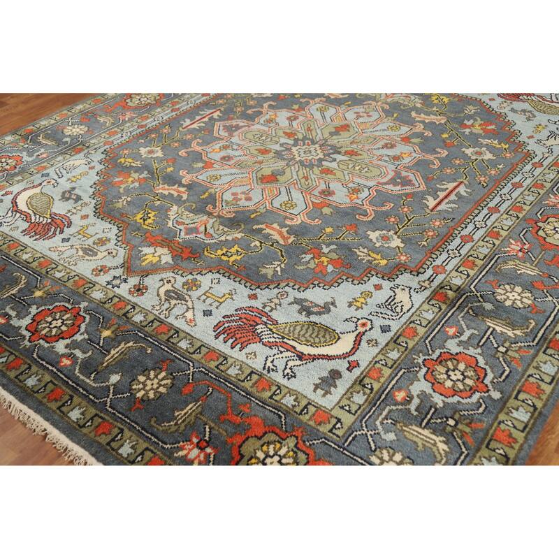 Slate Medallion Heriz Serapi Indian Area Rug Hand-Knotted Wool Carpet - 8'0" x 9'9"