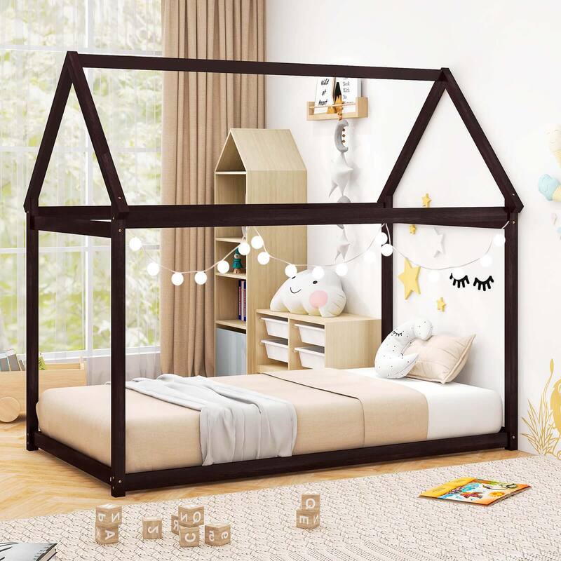Costway Twin House Bed Wood Frame w/ Roof for Kids Toddler No Box