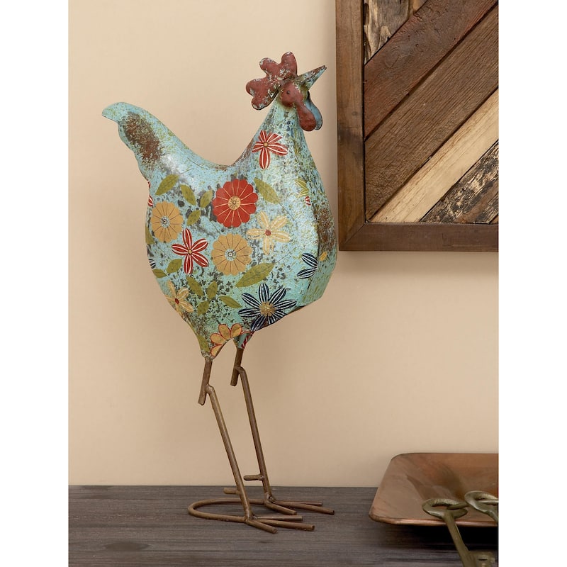 Metal Rooster Indoor Outdoor Distressed Standing Decorative Garden Sculpture - Green or Cream - Roche River Decor