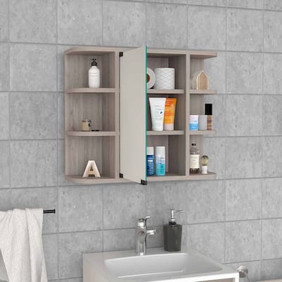 Light Gray Medicine Cabinet - 20" H, Mirror Panel Door, 6 External Shelves, 3 Interior Shelves, Wall-Mounted Storage