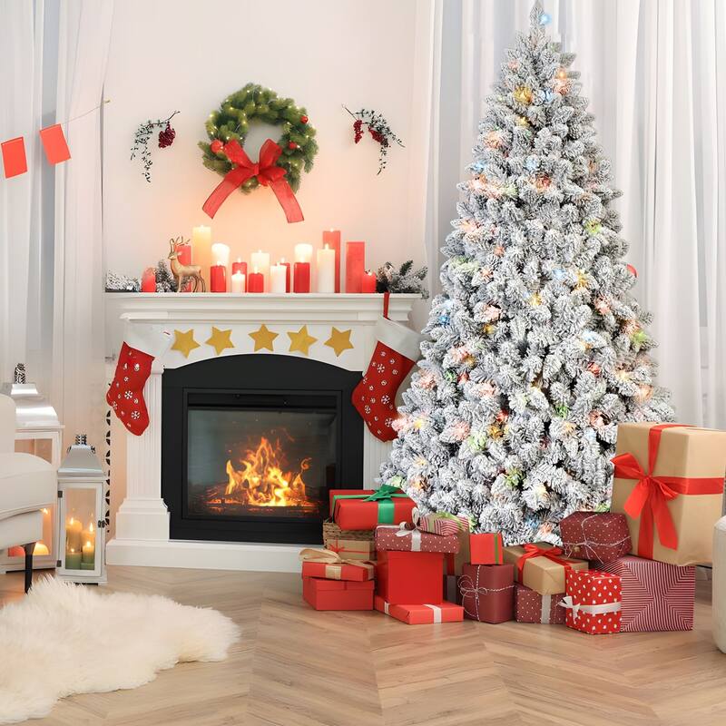 7FT Flocked Christmas Tree with 500 Colorful UL Lights and 45 Natural Pine Cones-1124 Snowy PVC Tips, Hinged Branches