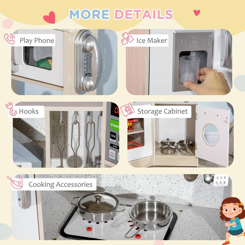 Qaba Ultra-Big Corner Kids Kitchen Playset with Sound Effects, Wooden Play Kitchen with Stainless Steel Cooking Toys