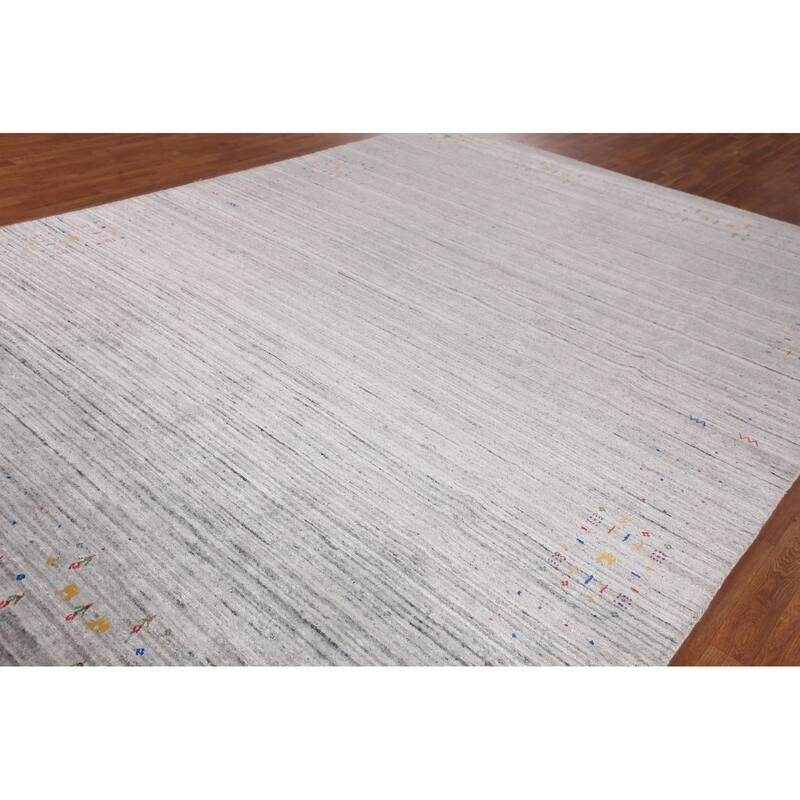Silver Gray Striped Gabbeh Oriental Area Rug Handmade Wool Carpet - 9'0" x 12'0"
