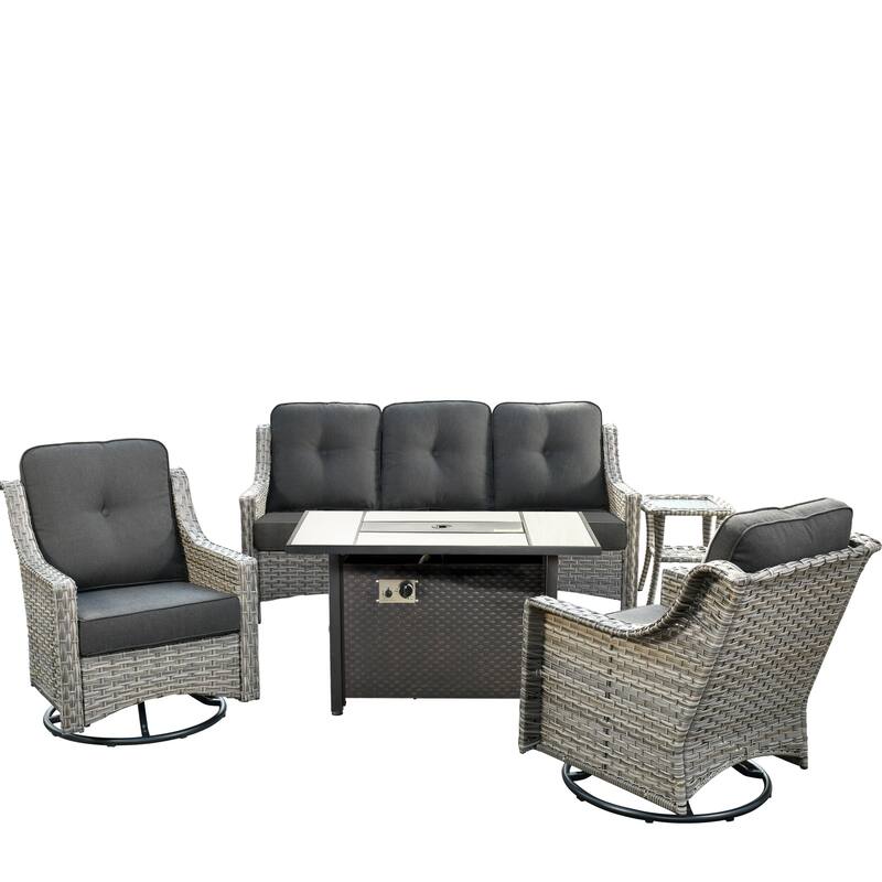 HOOOWOOO 5-piece Wicker Outdoor Furniture Swivel Chairs Set with Fire Pit