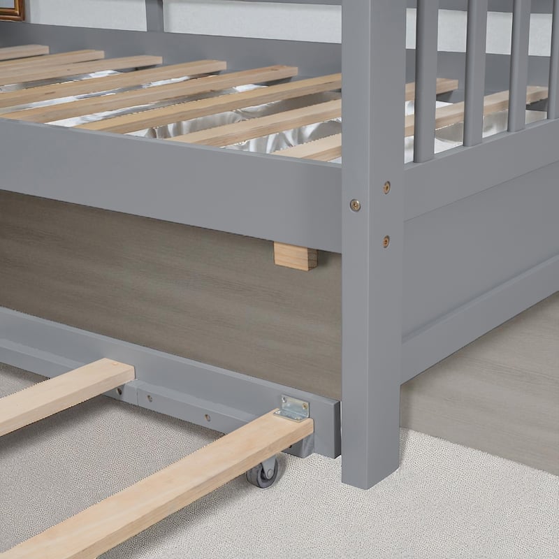 Wooden Twin/Full Size House Bed with Trundle, Storage Shelf & Roof Design - Kids Modern Playhouse Bed Frame