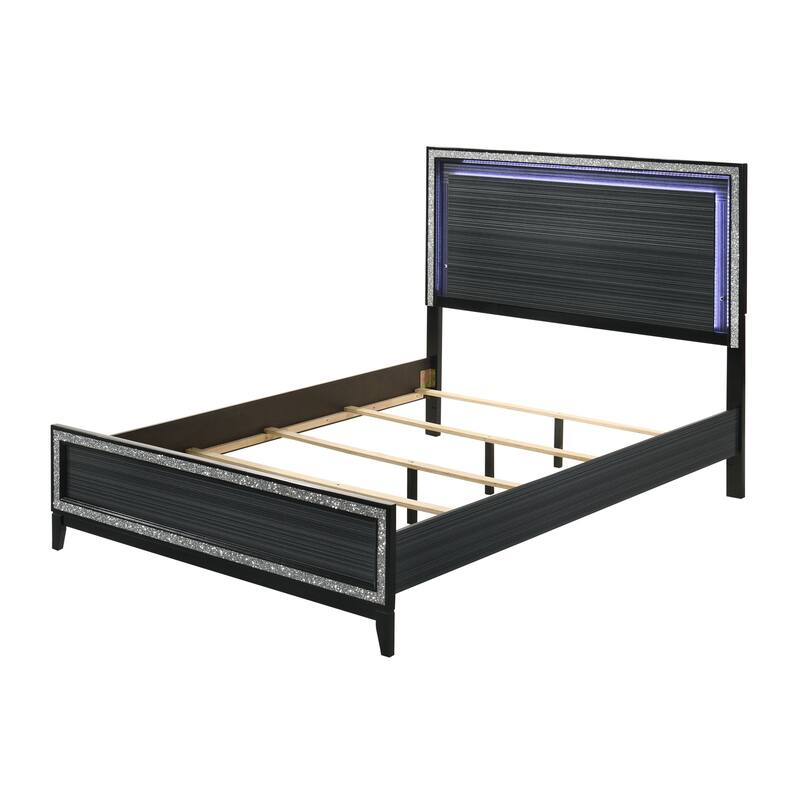 Queen Bed with LED Headboard and Weathered Black Finish