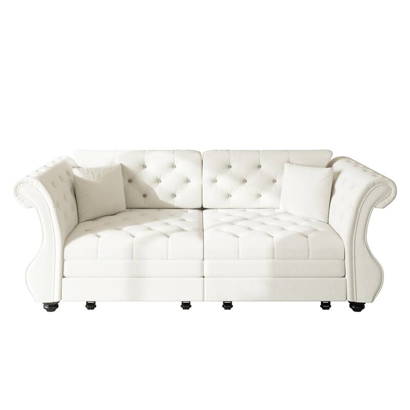 83.8" Chesterfield Velvet Pull-Out Sofa Bed, Classic Roll Arm Sleeper Couch with Elegant Flower Tufting