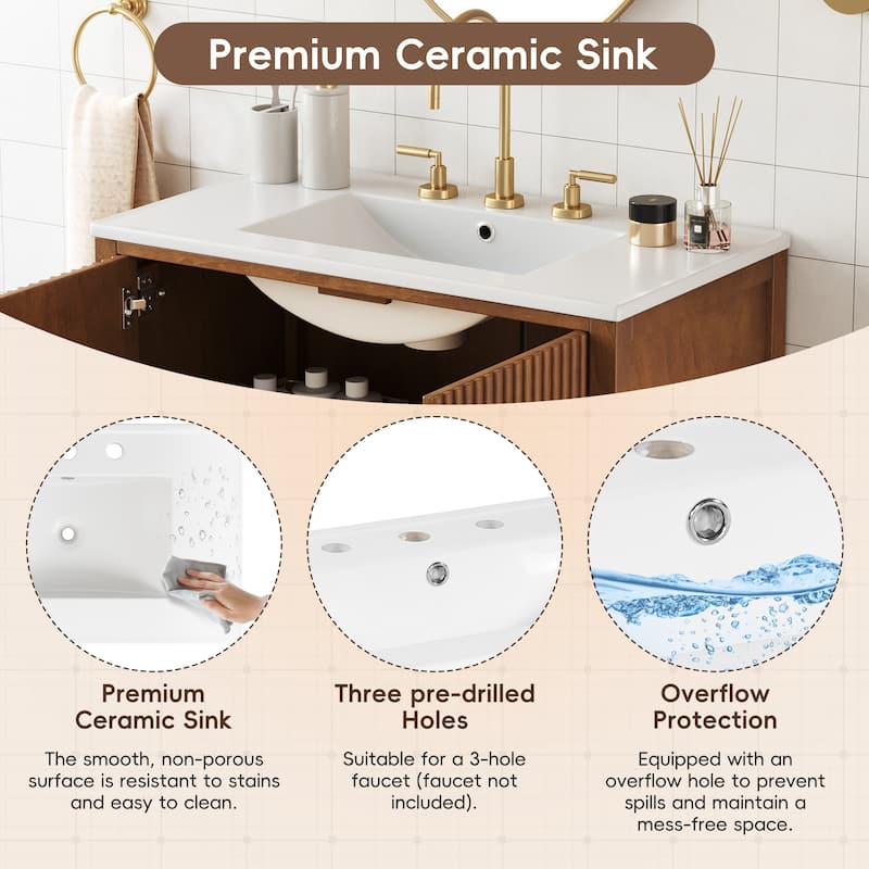 Christopher Knight Home - Mid-Century Freestanding Bathroom Vanity with Ceramic Sink, Flip-Up & Dual Drawers