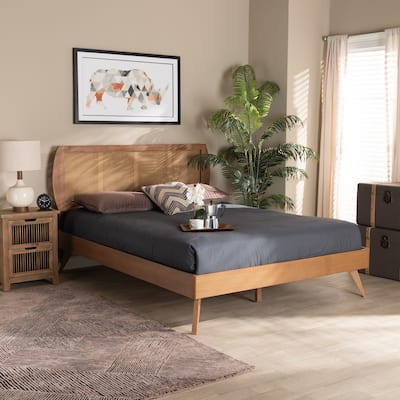 King Size Platform Bed - Wood & Rattan Design, Modern Style, Sturdy Frame, Angled Legs, Bedroom Furniture