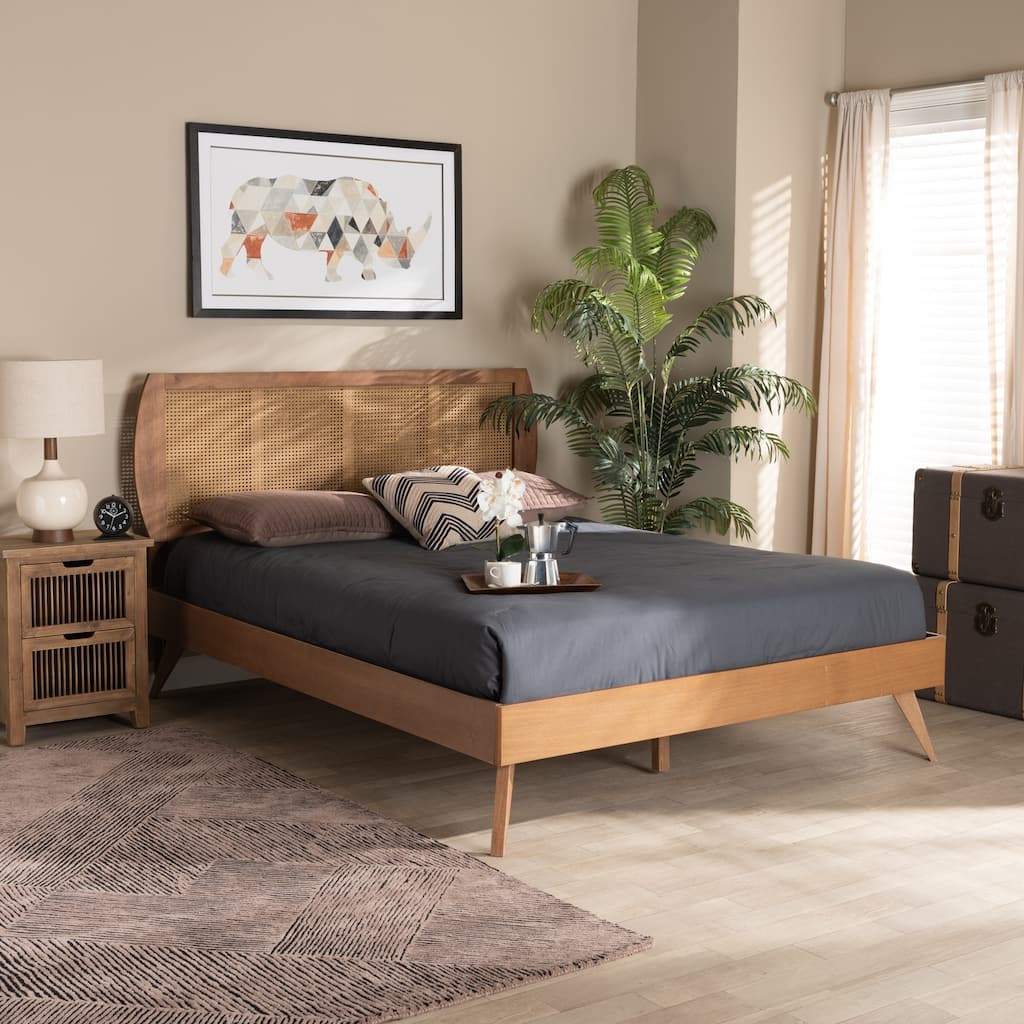 Mid-Century Modern Walnut Brown Wood and Rattan Queen Platform Bed with Angled Legs for Retro Style