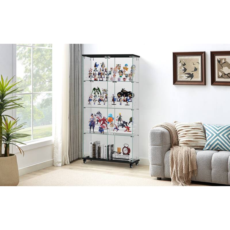 4 Tier Glass Display Cabinet, Double Door Glass Cabinet with Two Locks, Floor Standing Storage Cabinet with 6 Acrylic Shelves