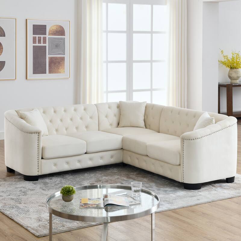 Velvet Sectional Sofa LShaped Sectionals Sofa Set w/ Chaise, Pillows