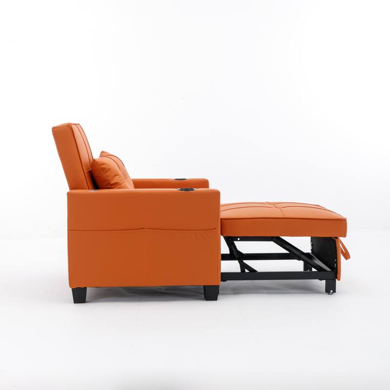 Leather Futon Armchair Bed with USB, Cup Holders & 3-Position Backrest